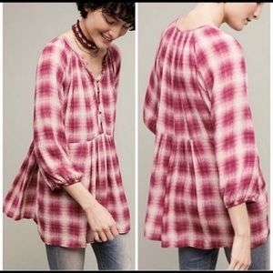 Maeve Calavon Deep Pink/Off White Plaid Peplum Top - Size Small